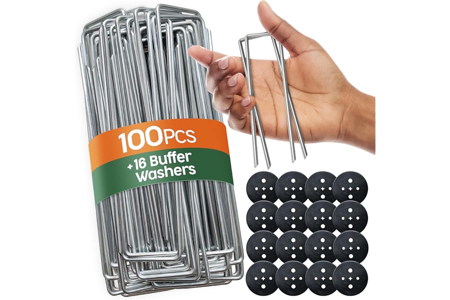 PORTENTUM Weed Membrane Pegs 100 pcs + 16 Washers – 6 Inch/150mm U-Shaped – Heavy-Duty Artificial Grass Pins for Camping and Gardening