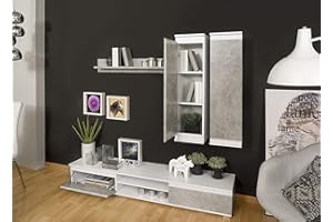 Homely - Mueble de salón Modular Lucky, Conjunto de 4 Muebles, Mueble para televisión, 2 Muebles Altos y estantería Alta, Color hormigón y Blanco, Medidas Conjunto 175x180x37 cm