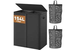 REIBII 154L Laundry Basket with Lid, Washing Basket for Laundry Collapsible Laundry Baskets with Sturdy Steel Wire & 2 Removable Bags, Laundry Hamper Large Foldable Laundry Basket 2 Compartments