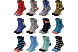 TRAMLE Boys Crew Socks 12 Pairs Dinosaur Trainer Themed Breathable Soft Nursery School Toddler Socks for Kids 1-7 Years Old
