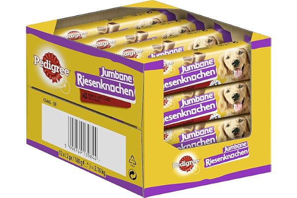 Pedigree Jumbone Medium Hundsnacks för Medelstora Hundar med Nötning och Fjäderfän, Paket med 12 x 2 st