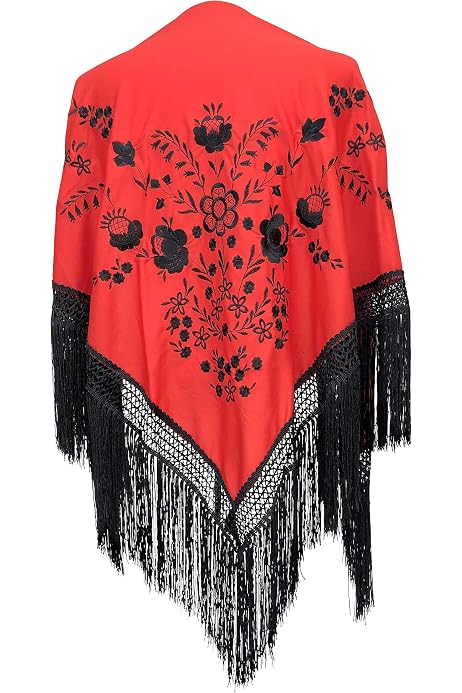 Châle Manille Chulapa Femme Rouge 150x60cm - Déguisement Flamenco Brodé - 100% Polyester