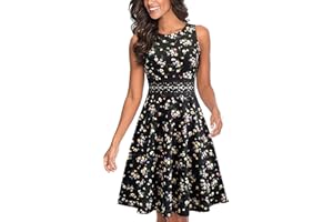 HOMEYEE Robe de Cocktail au Genou brodée Florale sans Manches à col Ras du Cou pour Femme UKA079