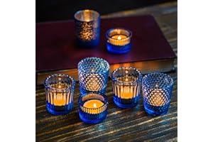 PhilaeEC Blue Candle Holders 7Pcs, Glass Vintage Small Tealight Votives Candelabra Bulk, Home &Bathroom & Dining Living Room Decor Centrepieces for Table (Set of 7)
