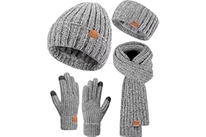 Winuesa Stirnband, Mütze, Schal & Handschuh-Sets für Damen, Chenille Beanie Mütze Mit Fleece Gefüttert Ohrenwärmer Stricken Schal Touchscreen Handschuhe Warm 4-in-1 Geschenk Set