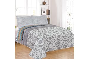H HANSEL HOME Colcha Bouti Estampada Cama 140/150/160, 100% Microfibra Extra Suave, Cubrecama Fina, Colcha de Verano, Incluye 2 Fundas de cojín 50x70cm - Flores Grises 250x260cm
