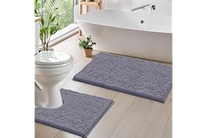 LuxUrux Bath Mat Set, Luxury Chenille (2-Piece) Soft Plush Anti-Slip Rug + Toilet Mat.1'' Microfiber Shaggy Carpet, Super Absorbent (Dark Grey, 80 x 50 cm + U Shaped 50 x 50 cm)