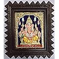 JLine Arts Ganesha Tanjore Painting 13 x 11 Inches with Framed - 22 Carat Gold Foil, AD Stones, Original Chetinadu V Teak wood Frame with Unbreakable Fibre Glass with Wall Hanging (Size: 28cm x 33cm)