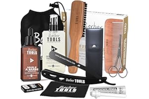 BARBER TOOLS Set barba e rasatura per uomo | Olio da barba, gel da barba trasparente, rasoio da barba, spazzola da barba, pettine da barba, forbici, custodia - Kit di accessori per la barba