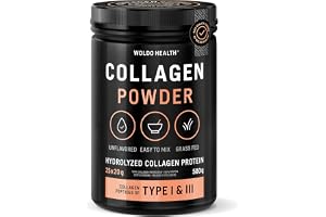 WoldoHealth Kollagenpulver 500 g Typ 1 och 3 - Bovina Kollagenpeptider | Löslig i Kaffe, Te, Shakes och Smoothies, 25 Portioner, Hydrolyserat Kollagen, Neutral Smak, utan Tillsatser, Kvinnor och Män