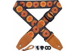 YIKOKO Guitar Strap 223-283, Orange with daisy motif