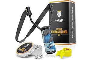 MAJESTY FOREST® Premium Steinschleuder Set - Profi Schleuder Zwille für Sport und Outdoor - Slingshot Bundle mit 100 Stahlkugeln + Ersatzgummi und E-Book