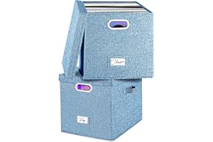 Woodoulogy Vinyl Record Storage Box, Set of 2, Holds 100+ Individual LPs, Stackable Albums, Linen Box with Lid, Music Collection Holder, Document Folder, Cabinet Organizer with Handle, 2 Pack