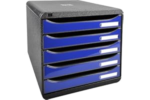 Exacompta - Ref 3097203D - BIG-BOX PLUS Desktop Drawer Set - 5 x 43mm Drawers, Suitable for A4+ Documents, 347 x 278 x 271mm, 100% Recycled Plastic - Black/Glossy Ocean Blue