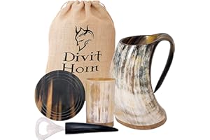DIVIT HORN Divit auténtico cuerno vikingo | La taza de cerveza arcaica | Estilo real; Beber de una copa de cuerno de buey real. (Natural Mug Set, 650-700 ml)