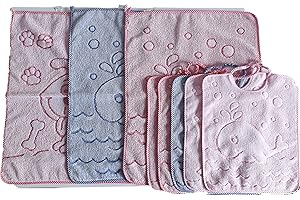 OM DOLCE CASA Set 5 bavaglini + 3 salviette asciugamani jacquard con elastico bambino 5 bavaglie colori blu azzurro giallo rosso set asilo nido scuola materna