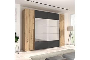 Forte Armadio Rayong 270, Guardaroba con Specchio, Ante Scorrevoli con Ante Battenti, Decoro Legno Rovere Artigiano combinato con Nero, 270.3x210x61.2 cm