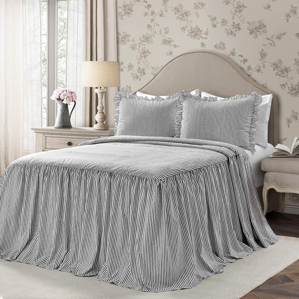 Lush Decor Lush Décor Tikleme Çizgili Yatak Örtüsü Siyah Vintage Şık Çiftlik Evi Tarzı Hafif 3 Parça Set Kraliçe, Polyester