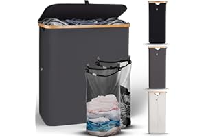 HENNEZ 141L Bamboo Grey Laundry Basket with Lid - Hamper With Removable Bags Double Handles Dirty Clothes Washing Baskets for Wash Bin