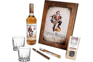 ‎HANDELSAGENTUR KASBERGER Captain Morgan Geschenk Set | Feinster Karibischer Rum mit Original Glas, Zigarre und Dragee´s | Geschenkkorb 5-teilig | Geschenk für Männer | Geschenkideen mit Alkohol | Präsentkorb gefüllt
