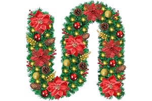 FQUVSP Girlanda bożonarodzeniowa z oświetleniem, sztuczna girlanda jodłowa, 270 cm, świąteczna girlanda na schody ze światłami, szyszką bożonarodzeniową, dekoracja bożonarodzeniowa na później lub na