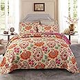 Qucover Double Bedspread 220 x 240 cm, Boutis 100% Soft Comfortable Cotton Bedspread, 3-Piece Sunflower Bed Cover and Bright Sunflower Bed Cover with 2 Pillowcases 50 x 70 cm, Pink/Red
