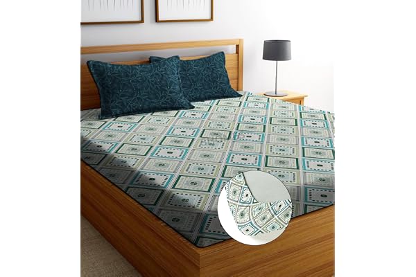 SHOMES Elastic Fitted Bedsheets With 2 King Size Pillow Covers Double Bed With All Around Elastic, Size 72 X 78 X 8 Inches (Green Square, 250 Tc, Printed)