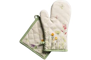 Maison d' Hermine Botanical Fresh Ensemble de Gants de Four de (19cm x 33cm) et maniques de (20cm x 20cm), 100% Coton, pour Barbecue, Cuisson, Four, Micro-Ondes, grillades, Printemps/Été, Pâques