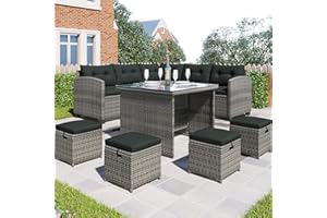 Kayan Polyrattan Lounge Set, 8-teiliges Gartenmöbel-Set, Terrassenmöbel-Set, Allwetter-Rattan-Sofa mit Esstisch und Stuhl und 4 Ottomanen, Gartenlounge wetterfest bis 9 Personen (Grau)