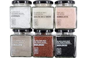 DAMUNE Sales Gourmet: Sal Negra Hawai (200g), Sal Roja Hawai (200g), Flor de Sal Delta del Ebro (150g), Sal en Escamas Chipre (100g), Sal Rosa (200g) y Sal Kala Namak (200g)