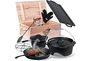 KESSER® Dutch Oven Set 10 pièces dans une caisse en bois avec Dutch Oven Avec beaucoup d'accessoires - Fonte - déjà cuit avec casserole Plaque de gril Poêle Levier du couvercle