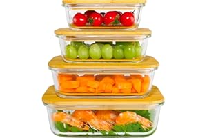 ecosa Zestaw pojemników na żywność, 4-częściowy, szklane z bambusową pokrywką, pudełka do przechowywania, szklane pojemniki, pojemniki na żywność, nie zawierają BPA, nadają się do kuchenki mikrofalowej, zmywarki, piekarnika