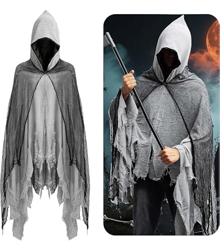 Partner Kostüm Funny Fashion Halloween Umhang Mit Kapuze | Grau - Gruseliges Ghul Tod Zombie Geister Kostüm Robe Cape Gewand Cosplay Fasching Vampir Mittelalter Verkleidung Karneval Demogorgon Kostüm