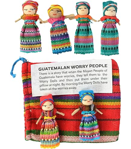 Set van 20 Guatemalteekse handgemaakte zorgpoppen voor meisjes en jongens, angstpoppen, met 2 kleurrijke opbergzakken