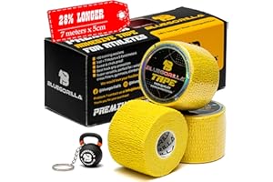 Tape Crossfit, Weightlifting BLUEGORILLA - Esparadrapo deportivo de 5cm x 7m - Hook Grip - Cinta protectora con agarre ultra adhesivo- Pack de 3 y 6 rollos (Amarillo 3 Unidades) - Llavero incluido