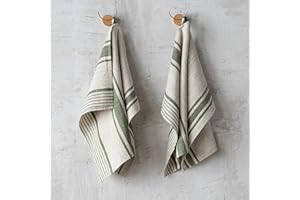 LinenMe Set mit 2 Geschirrtuch Leinen 100%, 45x66 cm Provence - Leinentuch mit Aufhänger - Geschirrtücher & Küchentücher in Natur/Waldgrün gestreift, Hergestellt in Litauen