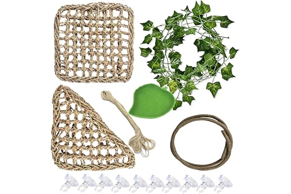 Allazone 15 PCS Vignes Artificielles de Reptiles, Naturel Hamac Reptile Dragon Barbu Hamac Plat Bol de Nourriture Eau pour Reptile, Décor de L'habitat Reptiles pour Lézard Escalade, Caméléon, Serpent
