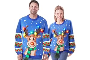 JOYIN LED Light Up Reindeer Ugly Womens Christmas Jumper Built-in Light Bulbs Red Black Blue Xmas Long Sweater Top (S-XL)