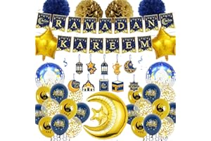 AOYAMA Ramadan Decorations for Home - Blue and Gold Eid Mubarak Decorations Includes Banner Tissue Paper Pom Poms Paper Tags Balloons for Ramadan Kareem Decorations