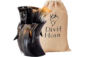 DIVIT HORN Divit Genuine Viking cuerno para beber con pantalla de madera | Cuerno para beber cerveza medieval auténtica | Decoraciones de latón y bolsa de regalo de lino incluida. (35 ml, Horn Shot (Set of 4))