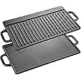 Velaze Cast Iron Griddle Pan with Handles, BBQ Griddle pan Double Sided Pre-Seasoned, for Gas Grill and Electric Grill, Grill Pan for BBQ, Camping, Garden - 50 x 23cm