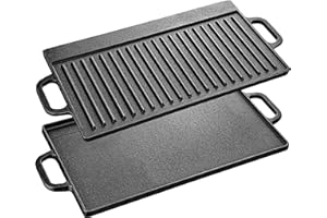 Velaze Placa de hierro fundido con asas, parrilla de hierro fundido de doble cara, de para barbacoa de gas y parrilla eléctrica, sartén para barbacoa, camping, jardín – 42 x 23 cm