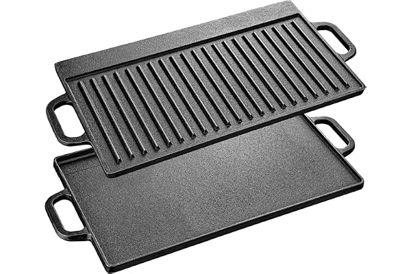 Velaze Plaque en Fonte avec poignées, Plaque de Cuisson Double Face en Fonte de qualité supérieure pour Barbecue à gaz et électrique, poêle pour Camping et Jardin - 42 x 23 cm