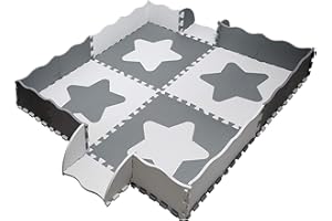 EDUKIT Puzzlematte Baby; Large Sterne EVA, mit Rändern; 24 Stück; Extra große Fliese - 61,5 cm x 61,5 cm; Extra Dick-1,2 cm - Puzzlematte Baby, Puzzelmatten für Babys, Spielmatte Puzzle, Graue und weiße