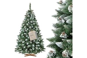 FairyTrees Weihnachtsbaum künstlich 180cm Kiefer mit Christbaum Holzständer | Tannenbaum künstlich mit Natur-Weiss beschneit | Made in EU