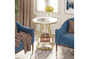 Tribesigns okrągły stolik pomocniczy w kolorze białego złota, stolik pomocniczy z 2 poziomami, nowoczesny stolik nocny, mały stolik kawowy z miejscem do przechowywania po stronie kanapy, stolik kawowy