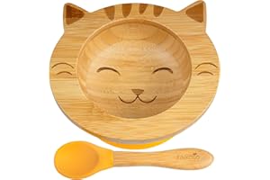 Cuenco bebe ventosa en bambú con cuchara bebe silicona | El Original Bambol de Finkolo | Forma de Gato | Platos de Aprendizaje