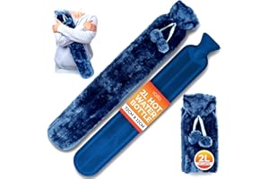 VOLILA Botella de Agua Caliente Larga 2L – Botella Agua Caliente Azul con Pompones para Alivio del Dolor, Calienta Manos y Pies – Lujosa, Suave y Lavable para Compresas Calientes y Frías
