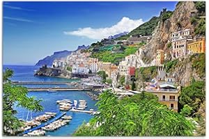 Paul Sinus Art 120x80cm - WANDBILD Amalfi Italien Meer Küste Dorf Hafen Boote - Leinwandbild auf Keilrahmen modern stilvoll - Bilder und Dekoration