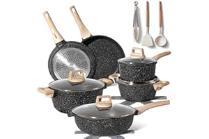 JUST PERFECTO HOUSEHOLD APPLIANCES Just Perfecto Set of 15 Pots and Pans, Non-Stick Cookware Set, Black Granite Induction Cookware Non-Stick Set with Frying Pans and Saucepans (PFOS, PFOA Free)